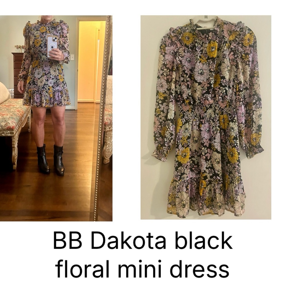 BB Dakota Black Floral Ruffle Mini Dress